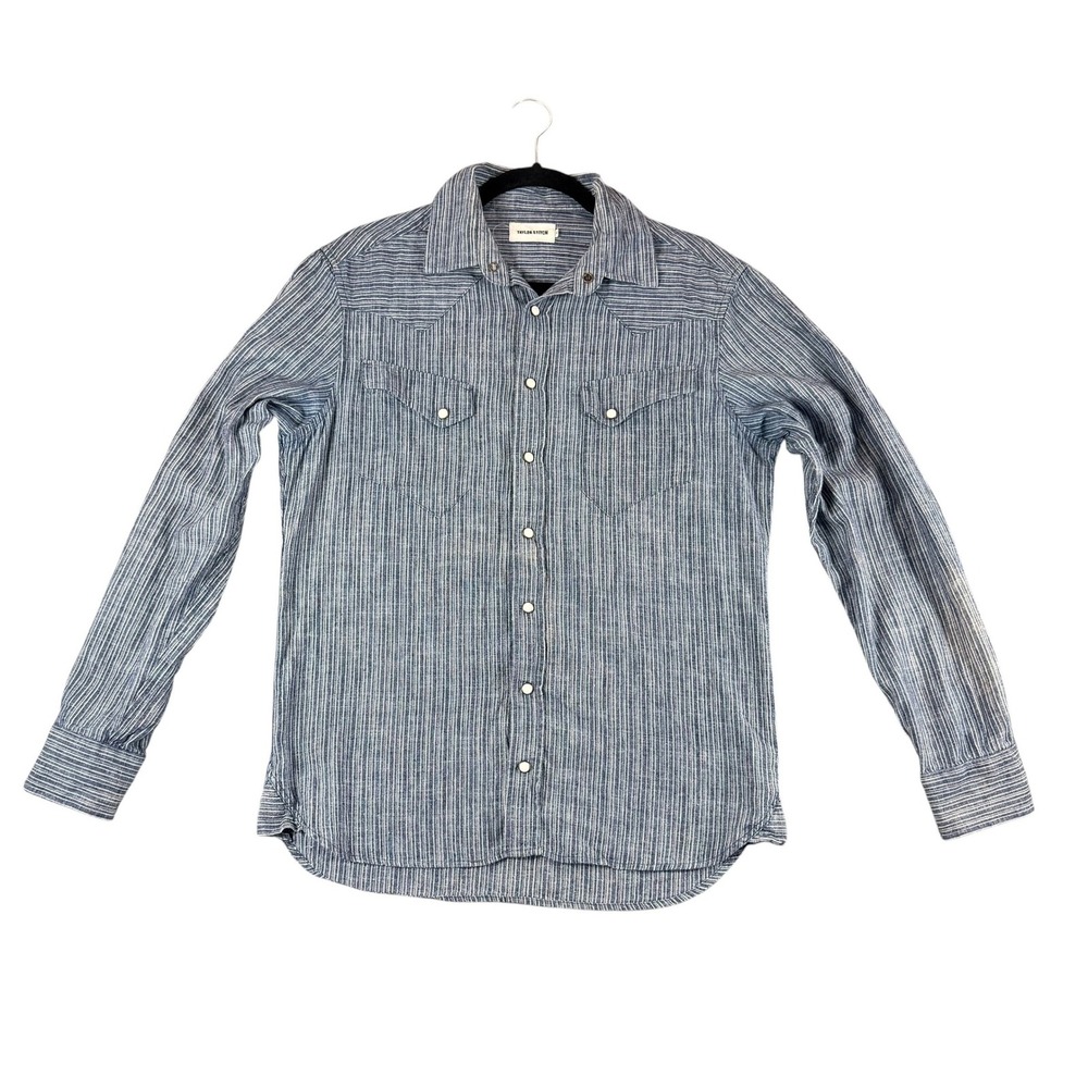 Taylor Stitch Mens Blue Striped Hemp Cotton Western Snap Shirt Size 40 M